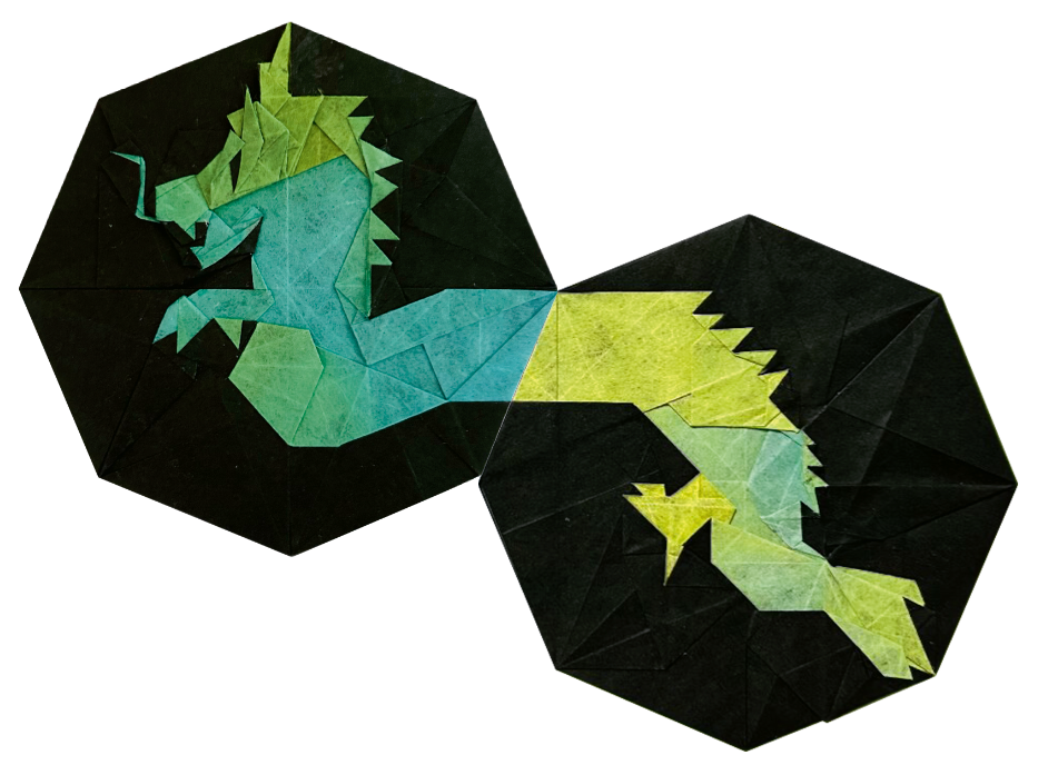 Origami Loong Dragon designed by Wang Shuo, folded by Wang Shuo, using Shadow Thai paper (#10 BLACK / GREEN BLUE)