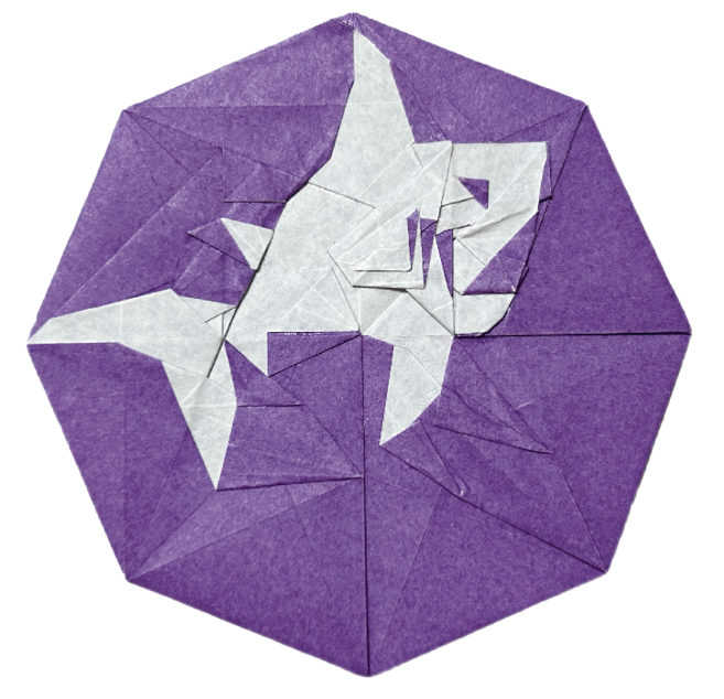 Origami Shark designed by Wang Shuo, folded by Wang Shuo, using Duo Extra Large paper (Purple/White)