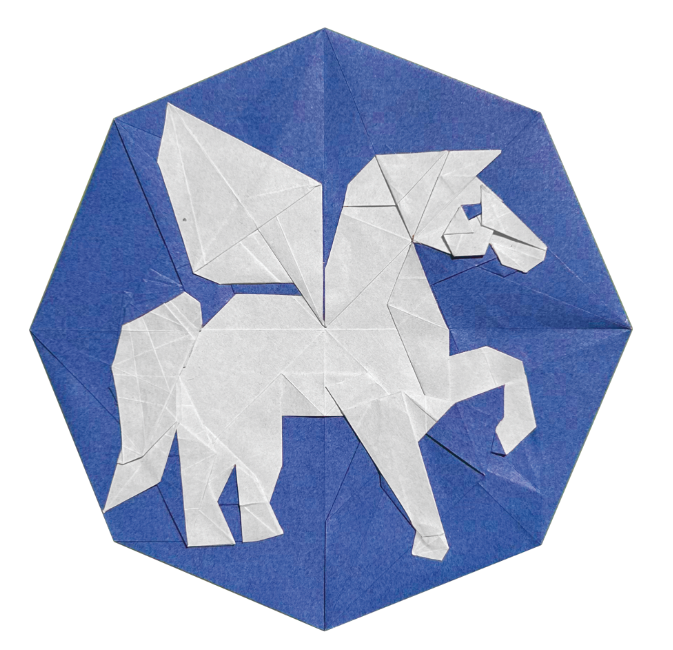 Origami Pegasus designed by Wang Shuo, folded by Wang Shuo, using Duo Extra Large paper (bleu)