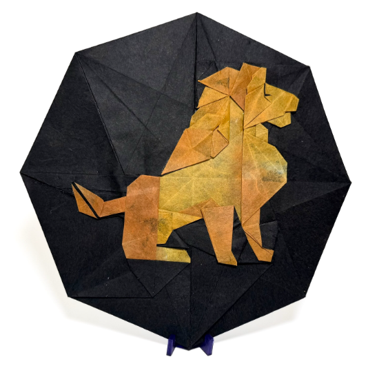 Origami Lion, folded by Gus Figueroa, using Shadow Thai paper (#08 BLACK / SIENNA ORANGE)