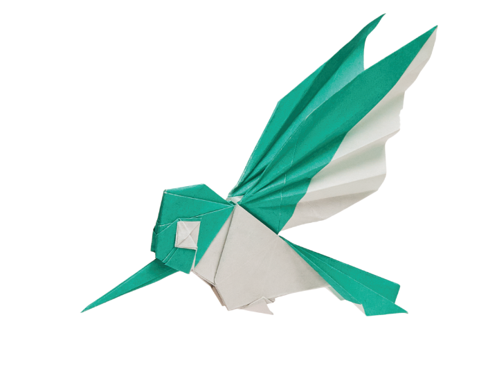 Origami Hummingbird designed by Syn / Jiahui Li, folded by Syn / Jiahui Li, using Duo Extra Large paper (#22 Forest Green)
