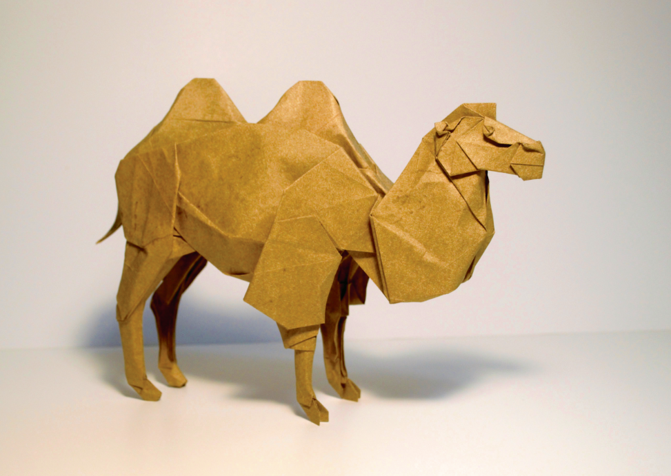 Origami Bactrian camel designed by Shuki Kato, folded by Shuki Kato, using Elephant Hide paper (Brown)