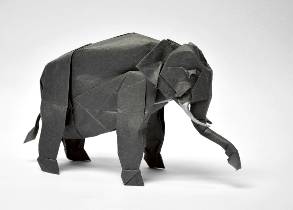 Origami Asian Elephant designed by Shuki Kato, folded by Shuki Kato, using Elephant Hide paper (Anthracite)