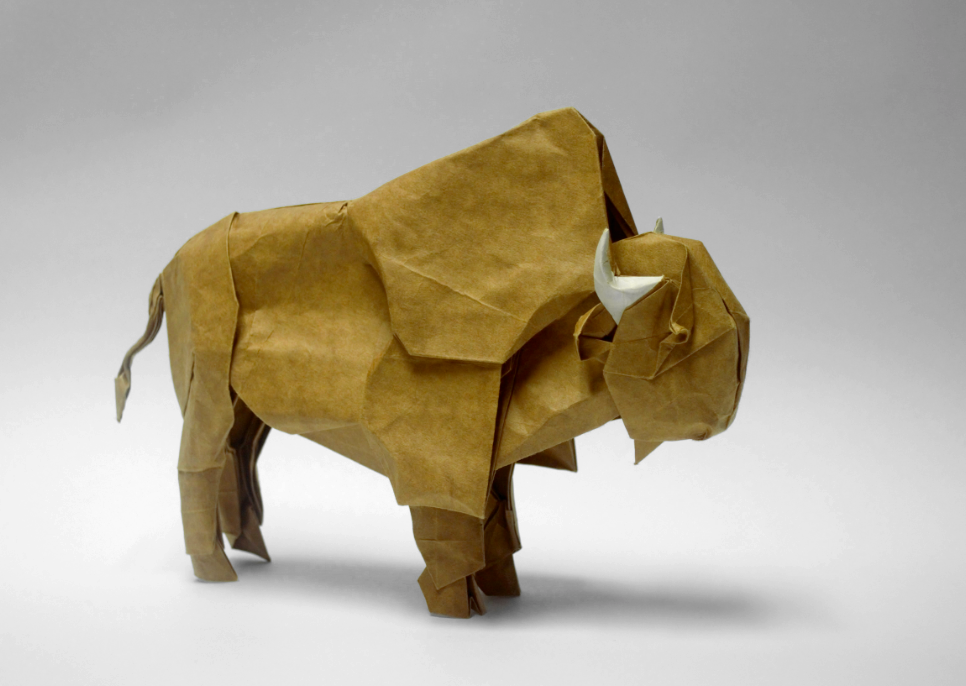 Origami American Bison designed by Shuki Kato, folded by Shuki Kato, using YOHISHI paper (Brown)