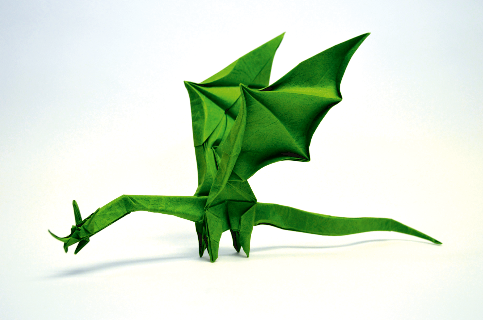 Origami Simple Dragon designed by Shuki Kato, folded by Shuki Kato, using Golden River paper (Green)