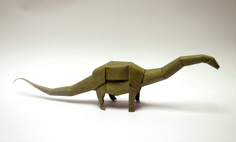 Origami Diplodocus designed by Shuki Kato, folded by Shuki Kato, using Satogami paper (Olive)