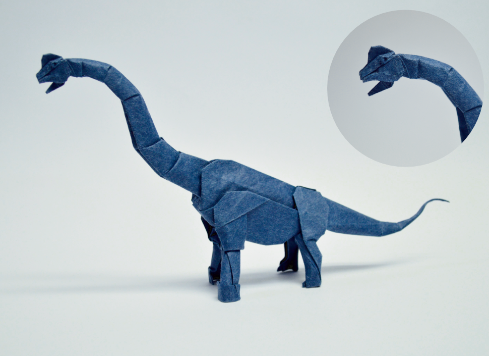 Origami Brachiosaurus designed by Shuki Kato, folded by Shuki Kato, using Satogami paper (Blue Indigo)