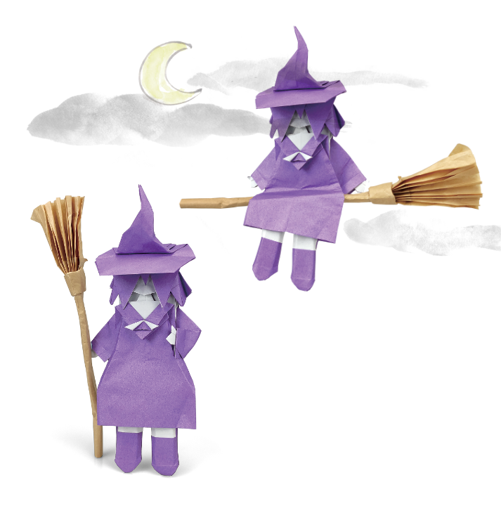 Origami Little Witch designed by Meng Weining, folded by Meng Weining, using Duo Extra Large paper (#17 Purple)
