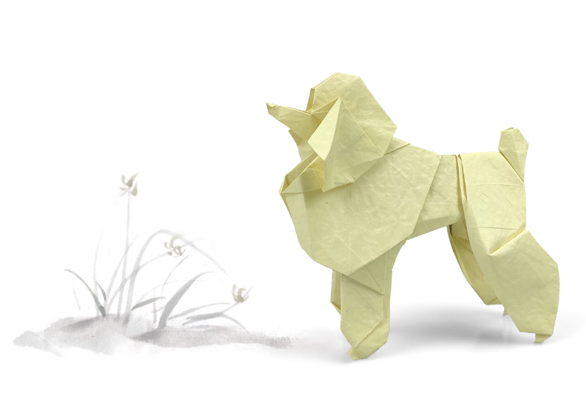 Origami Poddle designed by Meng Weining, folded by Meng Weining, using Momigami paper (Beige)