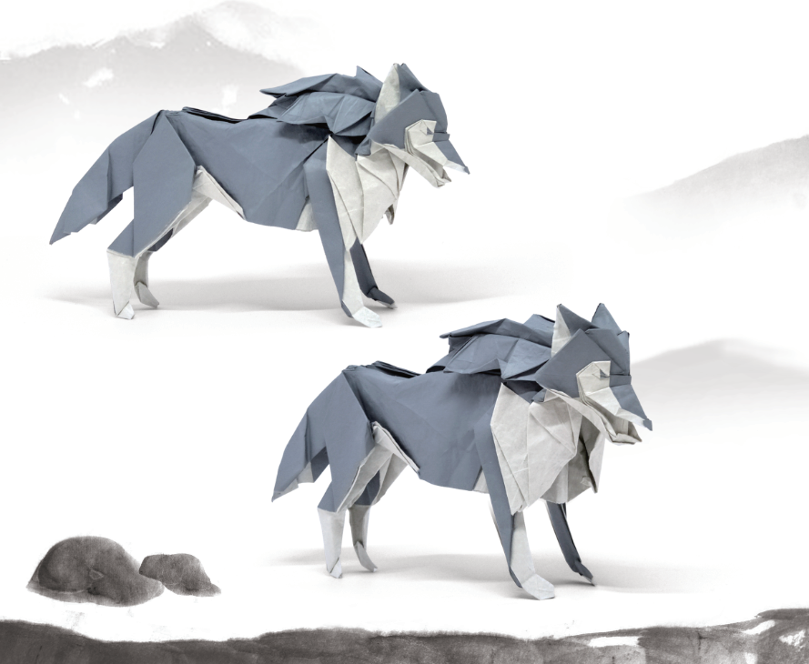 Origami Wolf designed by Meng Weining, folded by Meng Weining, using Duo Extra Large paper (#02 Grey)
