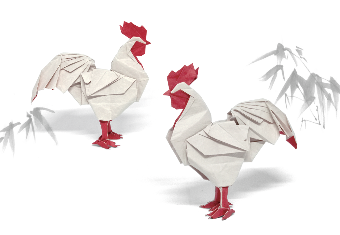 Origami Rooster designed by Meng Weining, folded by Meng Weining, using Duo Extra Large paper (#08 Red)