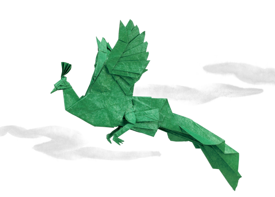 Origami Flying Peacock designed by Meng Weining, folded by Meng Weining, using Sandwich paper