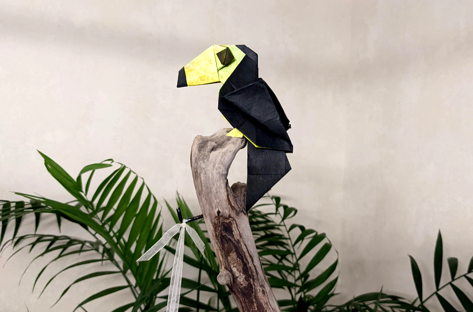 Origami Toucan designed by Syn / Jiahui Li, folded by TERRY Nicolas, using Shadow Thai paper (#11 BLACK / GREEN YELLOW BLUE)