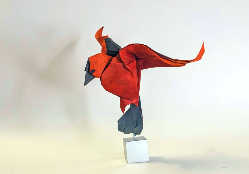 Origami Flying Bird designed by TERRY Nicolas, folded by TERRY Nicolas, using Shadow Thai paper (#13 BLACK / RED CORAL)
