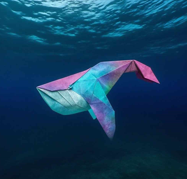 Origami Whale designed by Syn / Jiahui Li, folded by Syn / Jiahui Li, using Luminous Thai paper (#12 WHITE / GREEN PINK BLUE)