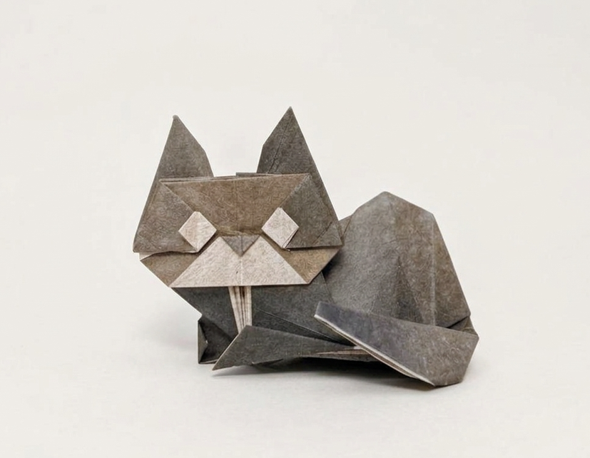 Origami Cat designed by Syn / Jiahui Li, folded by TERRY Nicolas, using Luminous Thai paper (#01 WHITE / BLACK BROWN)