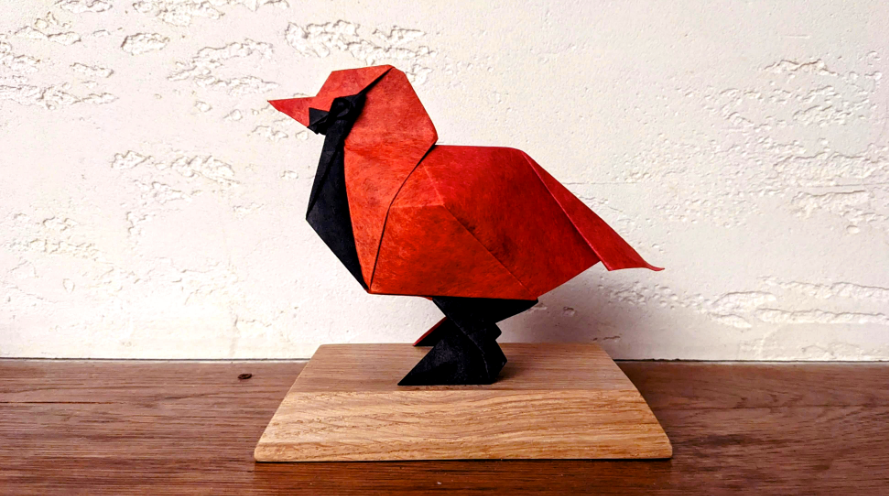 Origami Blue Bird designed by TERRY Nicolas, folded by TERRY Nicolas, using Shadow Thai paper (#13 BLACK / RED CORAL)