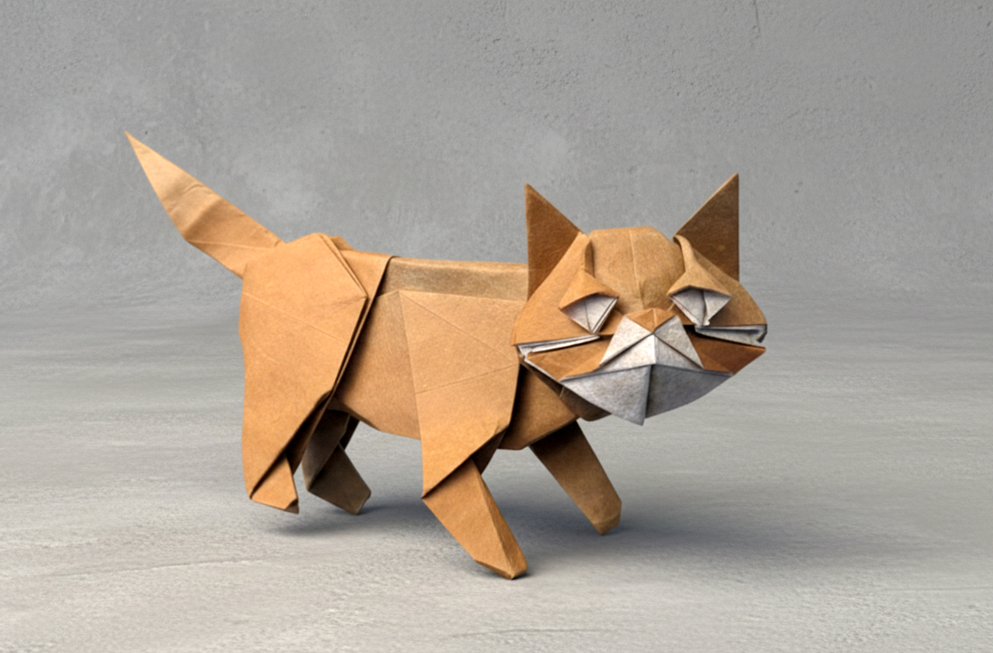 Origami Cat designed by Muneji Fuchimoto, folded by TERRY Nicolas, using Luminous Thai paper (#22 WHITE / BROWN)
