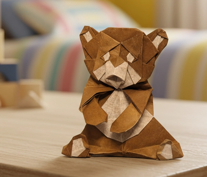 Origami Teddy Bear designed by Chen Xiao, folded by TERRY Nicolas, using Luminous Thai paper (#22 WHITE / BROWN)