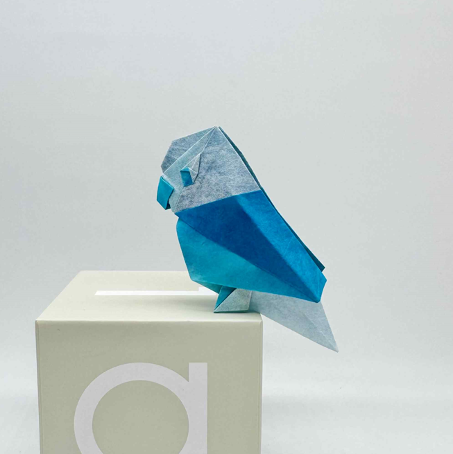 Origami Parakeet designed by Syn / Jiahui Li, folded by Syn / Jiahui Li, using Luminous Thai paper (#16 WHITE / LAGOON BLUE)