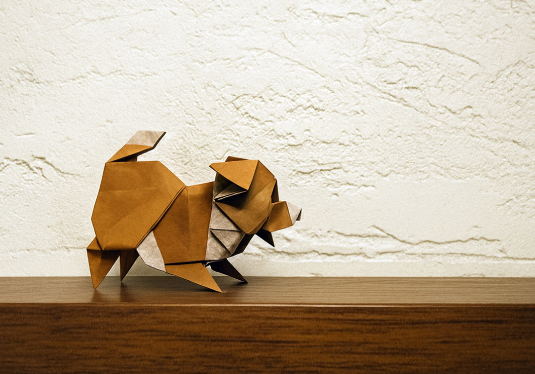 Origami Puppy Joy (Dog) designed by Román Diaz, folded by TERRY Nicolas, using Luminous Thai paper (#22 WHITE / BROWN)
