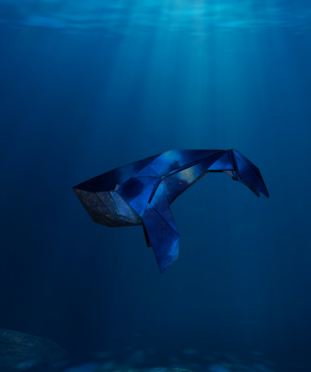 Origami Whale designed by Syn / Jiahui Li, folded by TERRY Nicolas, using Luminous Thai paper (#16 WHITE / LAGOON BLUE)