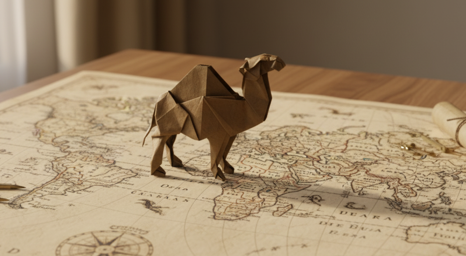 Origami Dromedary Camel designed by Román Diaz, folded by TERRY Nicolas, using Luminous Thai paper (#22 WHITE / BROWN)