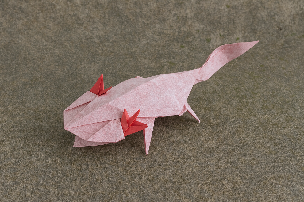 Origami Axolote designed by Román Diaz, folded by TERRY Nicolas, using Luminous Thai paper (#14 WHITE / RED WHITE)