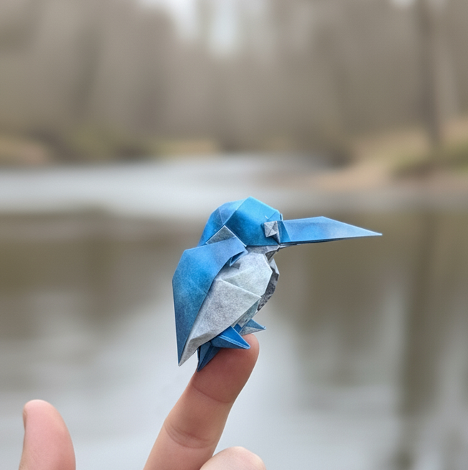 Origami Kingfisher designed by Syn / Jiahui Li, folded by TERRY Nicolas, using Luminous Thai paper (#16 WHITE / LAGOON BLUE)