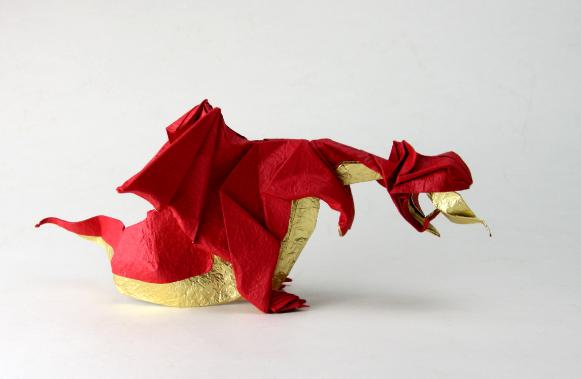 Origami Fire-Breathing Dragon designed by Gueros Mathieu, folded by TERRY Nicolas, using Washi Deluxe paper (Red / Gold)