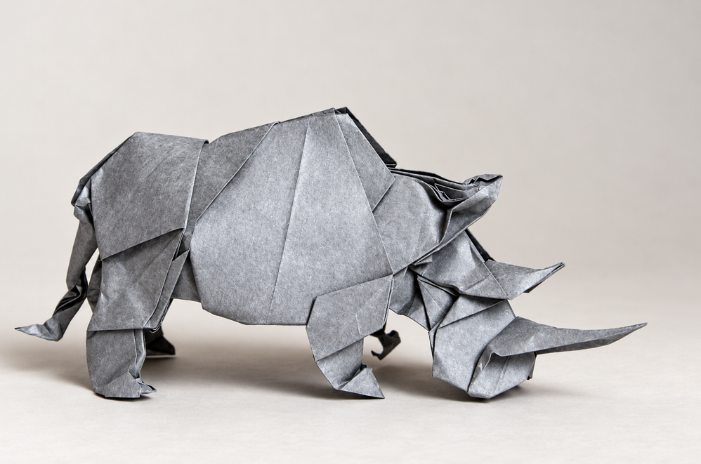 Origami Rhinoceros designed by NOBORU Miyajima, folded by TERRY Nicolas, using Tissue-foil paper (GREY)