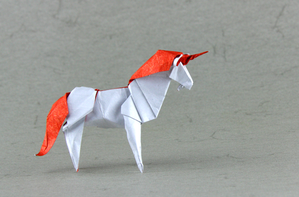 Origami Unicorn designed by Román Diaz, folded by TERRY Nicolas, using Sandwich paper