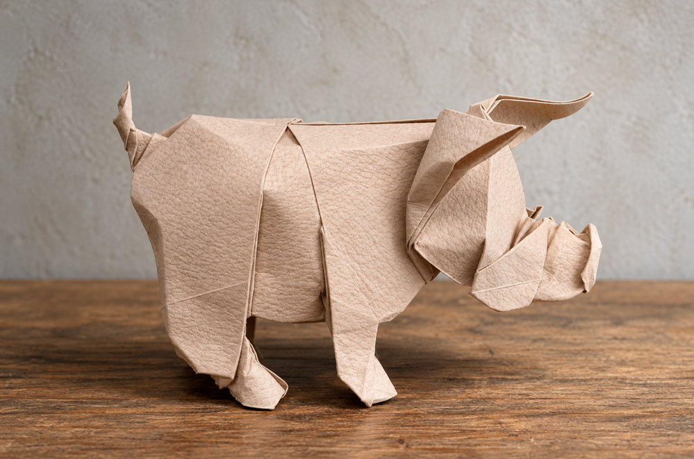 Origami Pig designed by Quentin Trollip, folded by TERRY Nicolas, using Biogami paper (Rose)