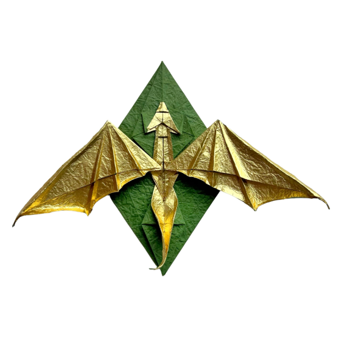Origami The Shadow of Dragon designed by Ke Yan Wang, folded by Origami by Sophie, using Washi Deluxe paper (Green / Gold)