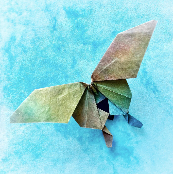 Origami Swallowtail Butterfly designed by Kota Imai, folded by Origami by Sophie, using Shadow Thai paper (#06 BLACK / AMBER BLUE PINK)