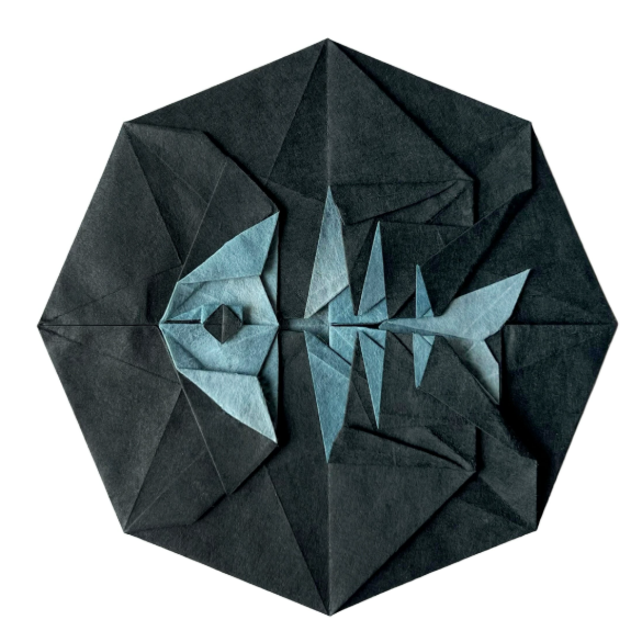 Origami Fish Bone designed by Wang Shuo, folded by Origami by Sophie, using Shadow Thai paper (#07 BLACK / BLUE GREY)