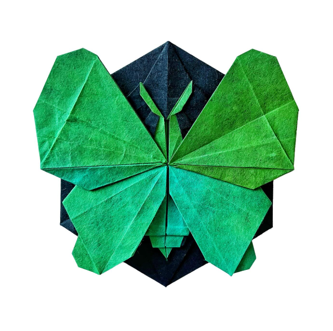 Origami Butterfly Badge designed by Mi Wu, folded by Origami by Sophie, using Shadow Thai paper (#10 BLACK / GREEN BLUE)