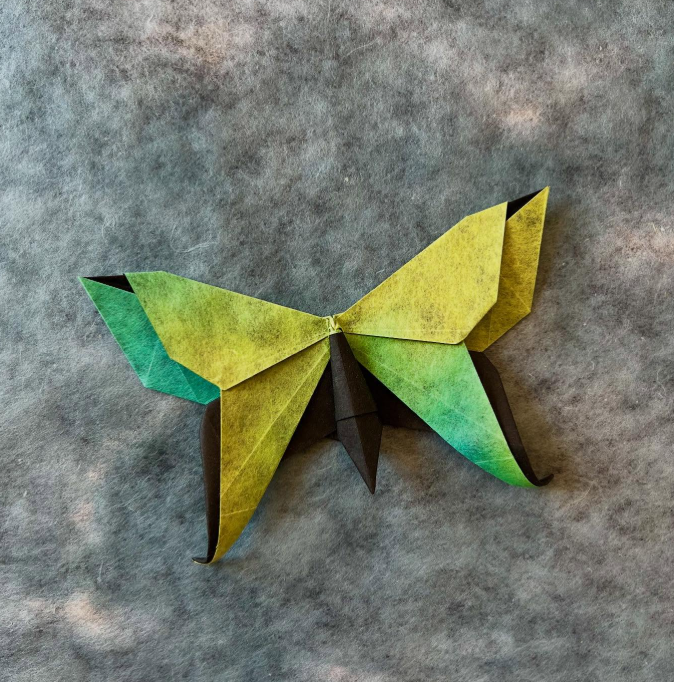 Origami Alexander Swallowtail Butterfly designed by Michael LaFosse, folded by Origami by Sophie, using Shadow Thai paper (#11 BLACK / GREEN YELLOW BLUE)