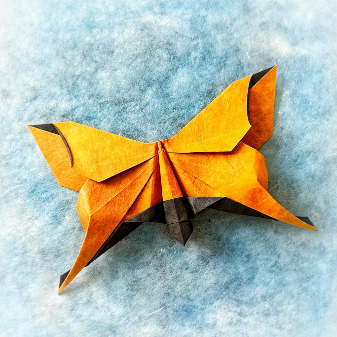 Origami Luna Moth Butterfly designed by Michael LaFosse, folded by Origami by Sophie, using Shadow Thai paper (#08 BLACK / SIENNA ORANGE)