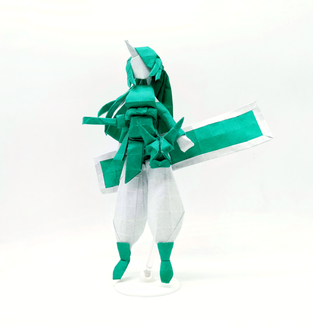 Origami Green Swordswoman designed by Yanhui Lai, folded by Yanhui Lai, using Duo Extra Large paper (#22 Forest Green)