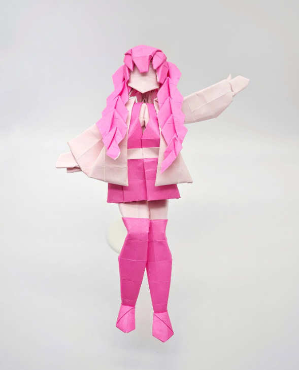 Origami Mitsuri Kanroji — Demon Slayer designed by Yanhui Lai, folded by Yanhui Lai, using Duo Extra Large paper (#14 Pink)