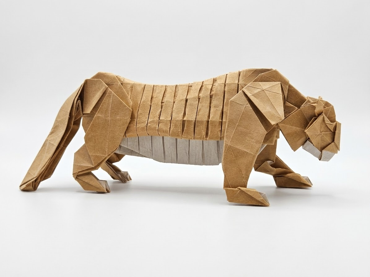 Origami Tiger designed by Katsuta Kyohei, folded by LANDREIN Philippe, using Satogami paper (Tan)