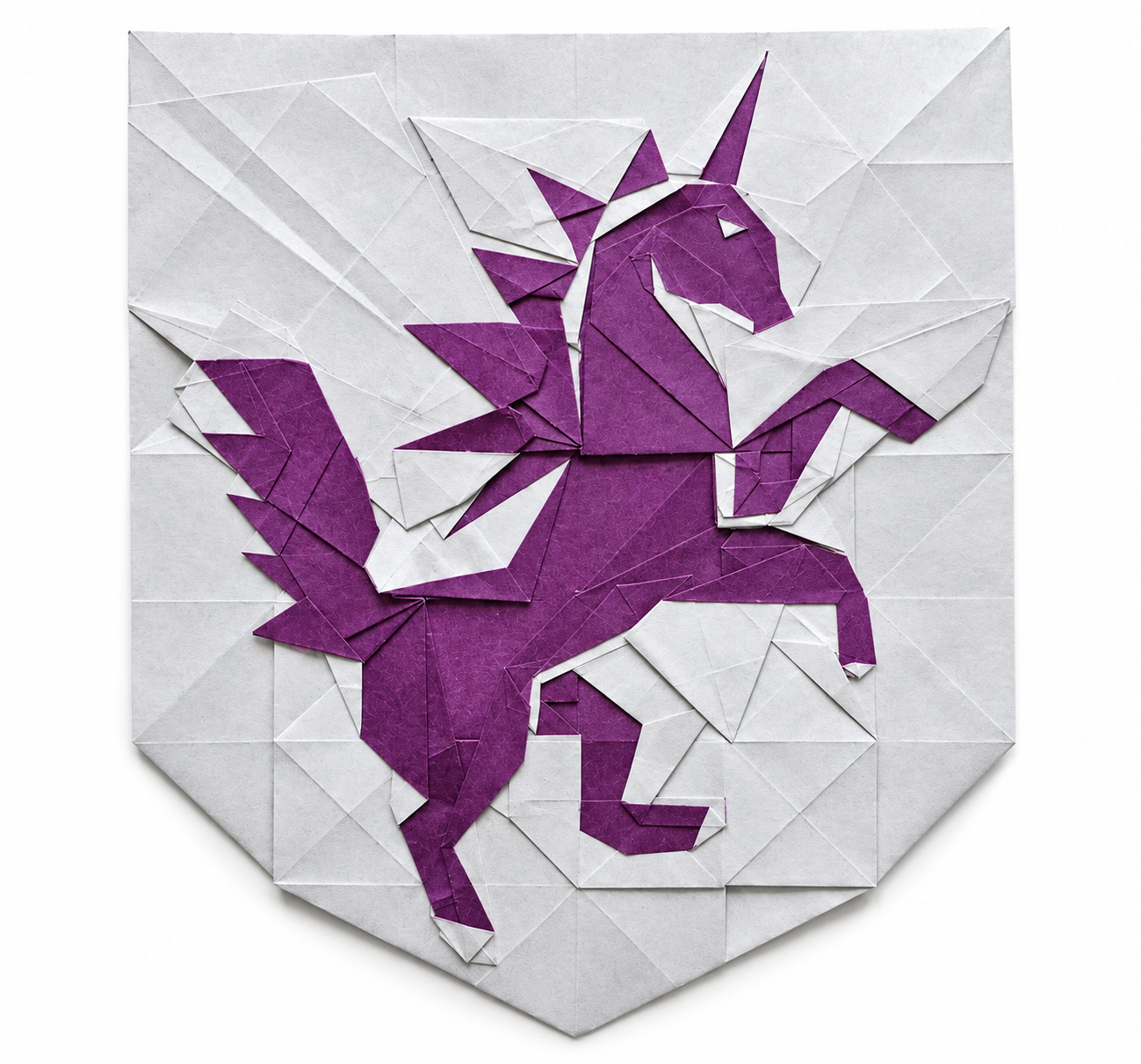Origami Unicorn Emblem designed by Mi Wu, folded by LANDREIN Philippe, using Duo Extra Large paper (#17 Purple)