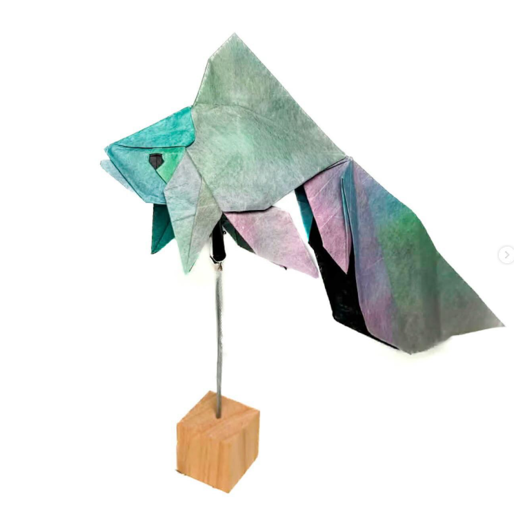 Origami Veiltail designed by Ronald Koh, folded by Gus Figueroa, using Shadow Thai paper (#12 BLACK / GREEN PINK BLUE)