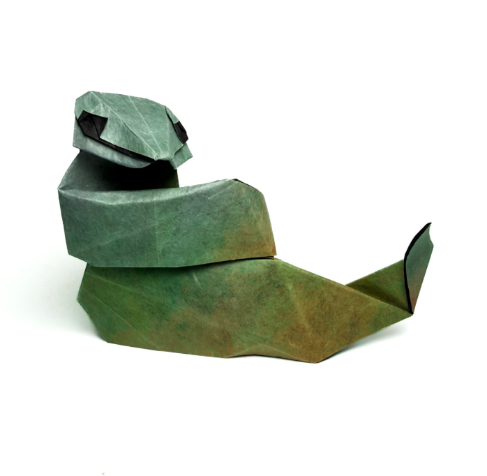 Origami Snake, using Shadow Thai paper (#27 BLACK / GREEN)