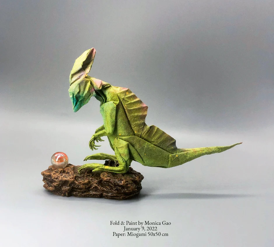 Origami Basilisk Lizard designed by Kim Jin Woo, folded by Monica Xing Gao, using Miogami paper