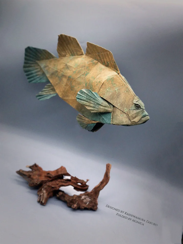 Origami Giant grouper designed by Kashiwamura Takuro, folded by Monica Xing Gao, using Shadow Thai paper (#03 BLACK / BROWN GREEN BLUE)