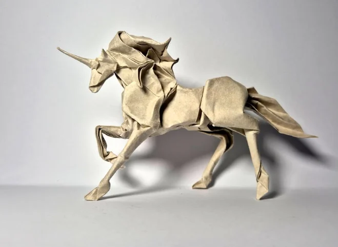 Origami Unicorn ("Dream") designed by Xiaoyang Liu, folded by Caranthir, using Vintage paper (Beige)