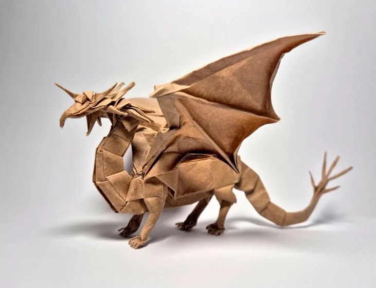 Origami Western Dragon designed by Shuki Kato, folded by Caranthir, using Kraft paper