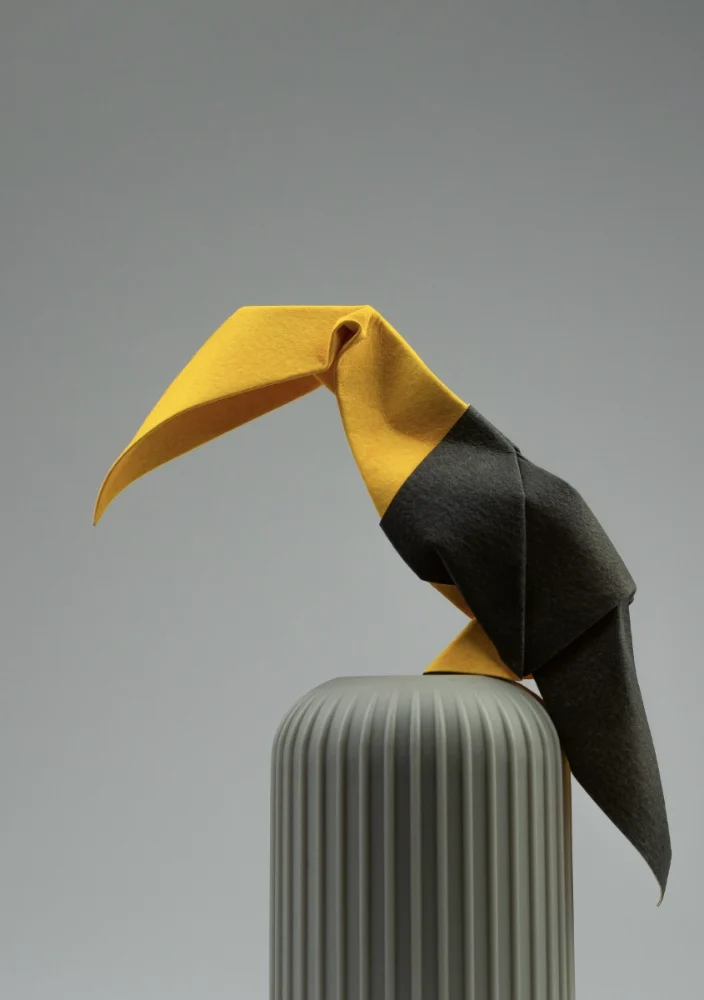 Origami Toucan designed by Phạm Đình Lê Hảo, folded by Phạm Đình Lê Hảo, using ARCHES paper (Painted on one side)